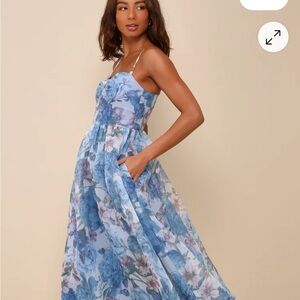 Blue Floral Spaghetti-Strap Midi Dress